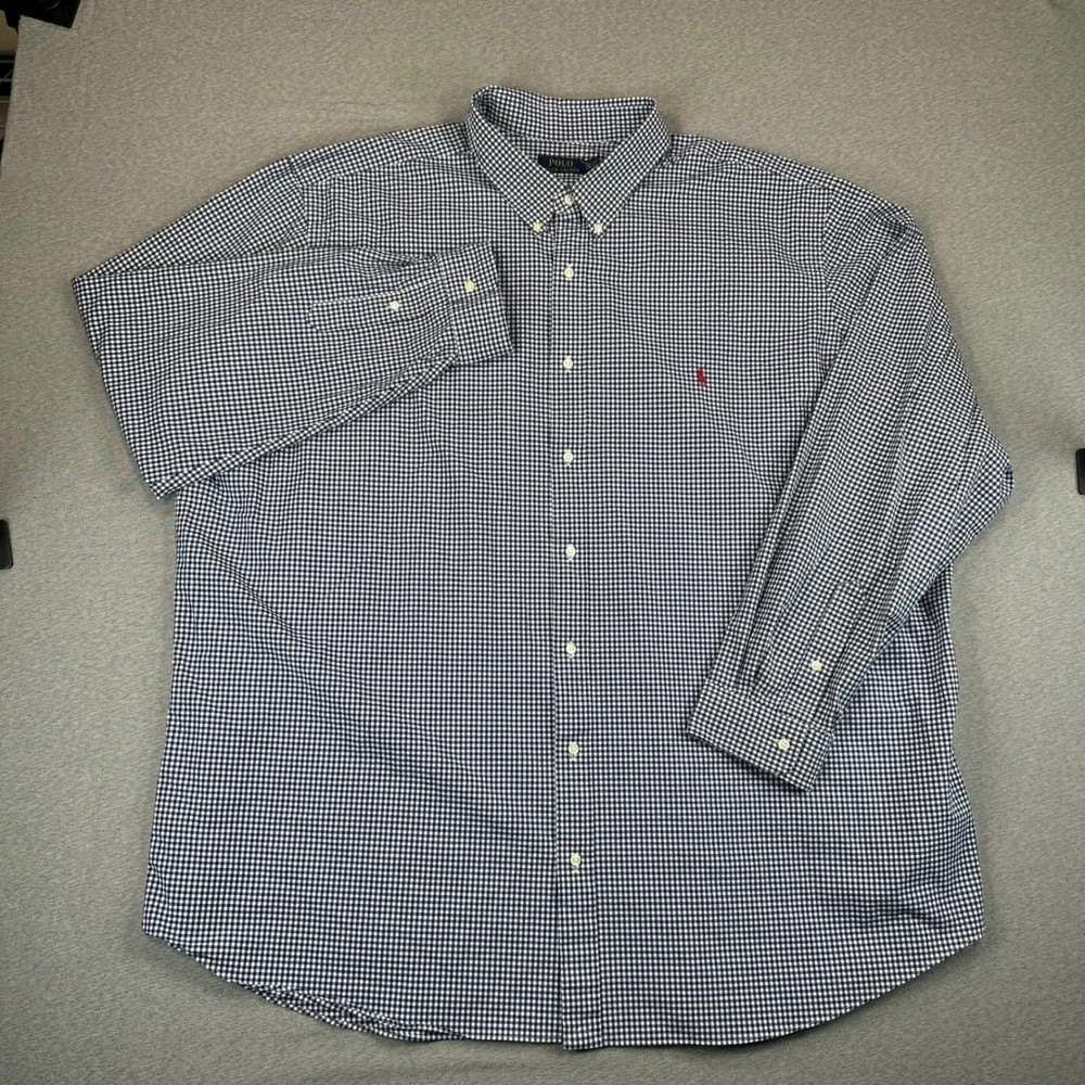 Polo Ralph Lauren Shirt Mens 4XLT Navy White Gingham Check Stretch Button Down